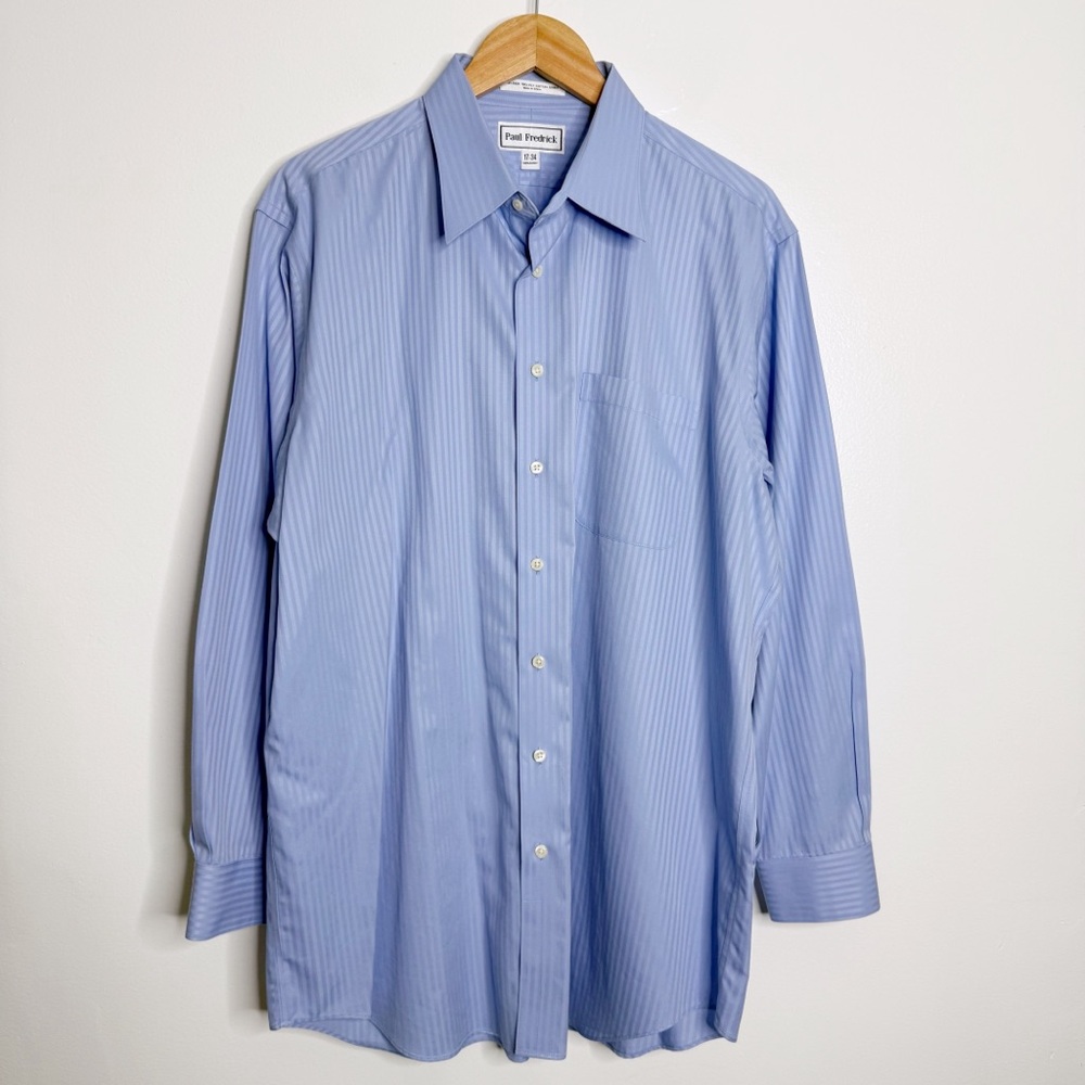 Paul Fredrick Blue‎ Stripe Dobby Dress Shirt 17 (XL) Preppy Office Workwear